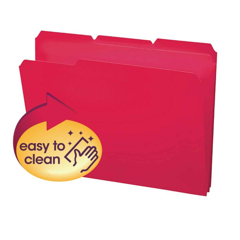 The Smead Poly File Folder, 1/3-Cut Tab Letter Size, in red (24 per box, 10501), features three tabs and a yellow circular label on the left with a hand-cleaning icon and easy to clean text, offering both style and functionality.
