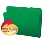 Smead Poly File Folder, 1/3-Cut-Tab Letter Size, Green (10502), is shown with tabbed edges and an overlay with a red arrow highlighting the easy-to-clean surfaces and a hand-wiping icon. Available in boxes of 24, these folders enhance convenience and efficiency for your organization needs.