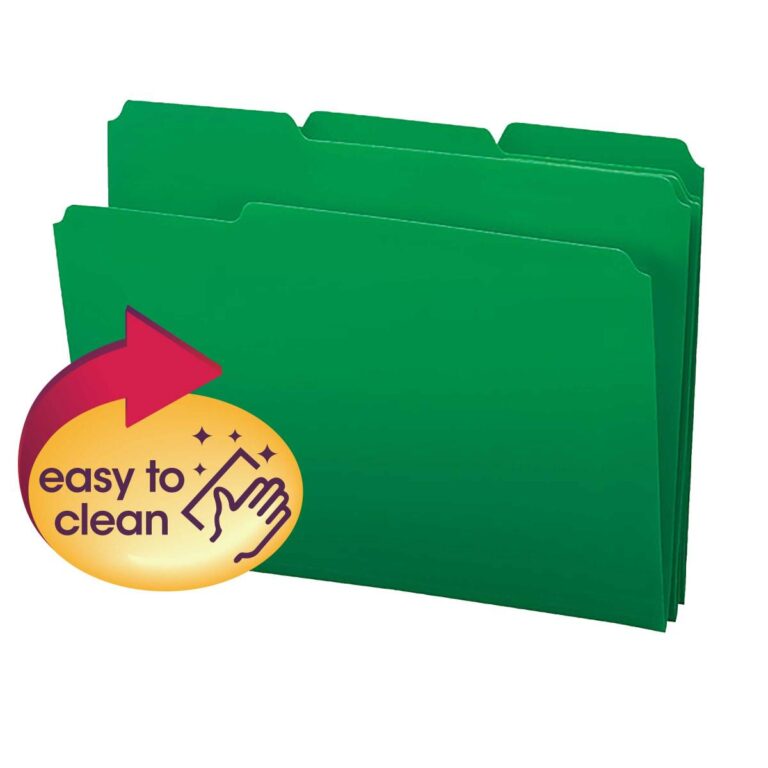 Smead Poly File Folder, 1/3-Cut-Tab Letter Size, Green (10502), is shown with tabbed edges and an overlay with a red arrow highlighting the easy-to-clean surfaces and a hand-wiping icon. Available in boxes of 24, these folders enhance convenience and efficiency for your organization needs.