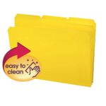 Two Smead Poly File Folders, 1/3-Cut-Tab Letter Size (10504), stand upright with labeled tabs. Featuring a sparkling hand icon, a red arrow, and easy to clean text, these yellow folders emphasize effortless maintenance.