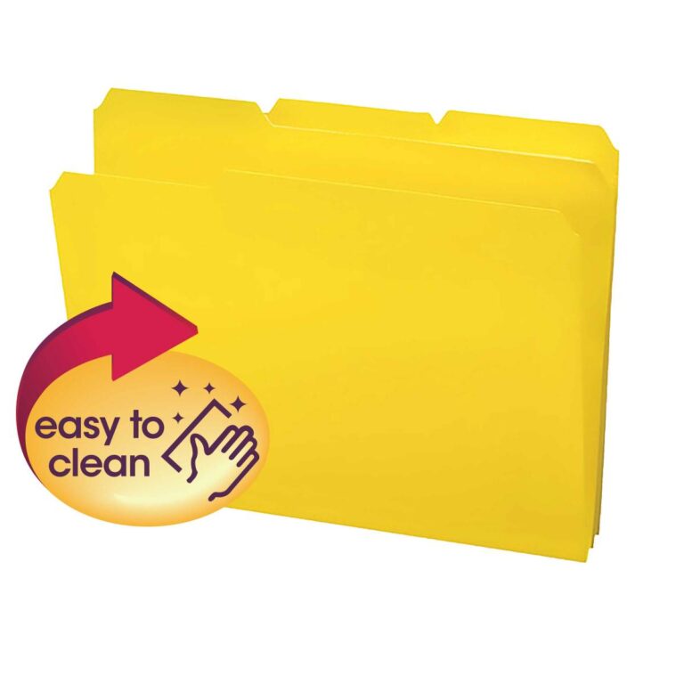 Two Smead Poly File Folders, 1/3-Cut-Tab Letter Size (10504), stand upright with labeled tabs. Featuring a sparkling hand icon, a red arrow, and easy to clean text, these yellow folders emphasize effortless maintenance.