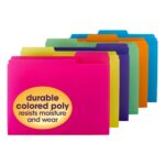The Smead Poly File Folder set includes 12 file folders in assorted colors such as pink, yellow, green, blue, and orange. A front pink folder features a yellow oval label stating durable colored poly resists moisture and wear. (Product Code: 10506).