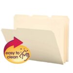 The image shows a Smead Poly File Folder with 1/3-cut tabs and manila finish. A yellow badge in the bottom left corner features a red arrow with a hand icon, stating easy to clean. Each pack contains 12 folders (10510).