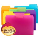 Smead SuperTab File Folders, in bright pink, purple, yellow, green, orange, and blue, are stacked neatly. Made from durable poly for letter size documents with an oversized 1/3-cut tab; a sparkling hand symbol shows theyre easy to clean. Comes in a pack of 18 (10515).