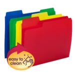 Five colorful Smead SuperTab file folders (blue, green, yellow, red) are stacked neatly. A yellow sticker with a right-facing arrow reads easy to clean, featuring a hand icon with sparkles. These letter-size poly folders add color and convenience.