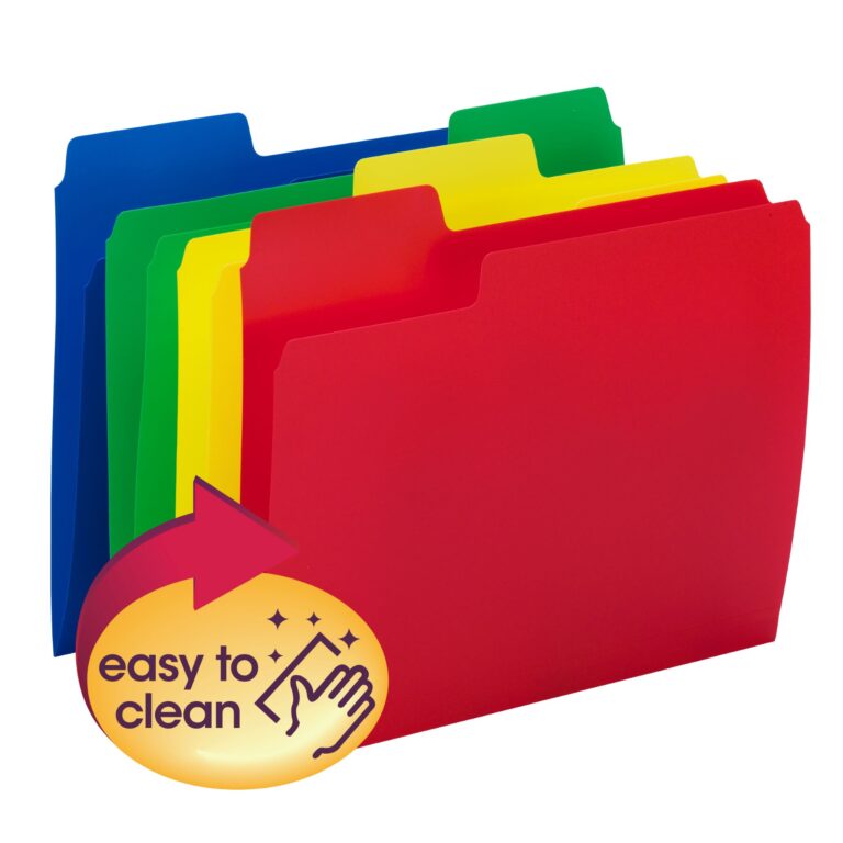 Five colorful Smead SuperTab file folders (blue, green, yellow, red) are stacked neatly. A yellow sticker with a right-facing arrow reads easy to clean, featuring a hand icon with sparkles. These letter-size poly folders add color and convenience.