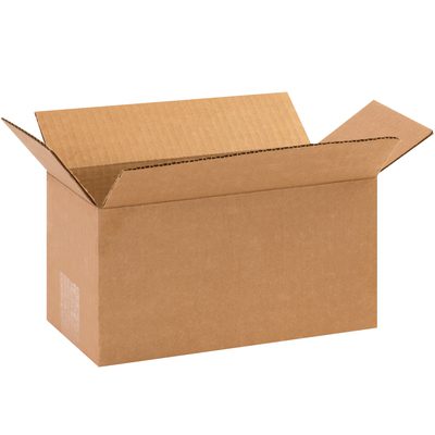 1055.jpg A cardboard box with flaps open, against a plain background, showcases the MH-USA 10 x 5 x 5 Long Corrugated Box (25/Bundle) with its robust corrugated texture, ideal for packing and shipping.