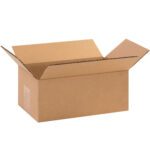 An empty MH-USA 10 x 6 x 4 corrugated box sits with its flaps folded outward against a white backdrop, highlighting its typical texture. Sold in bundles of 25, this box is perfect for storage or shipping needs.