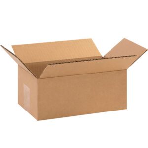 An empty MH-USA 10 x 6 x 4 corrugated box sits with its flaps folded outward against a white backdrop, highlighting its typical texture. Sold in bundles of 25, this box is perfect for storage or shipping needs.