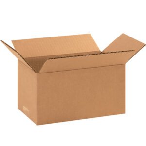 Partially open brown cardboard box with flaps, set against a white background, reveals the depth and structure of an empty MH-USA 10 x 6 x 5 corrugated box from a side angle, showcasing its quality craftsmanship suitable for various packaging needs.