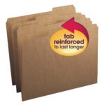 Three Smead Kraft tabbed file folders, stacked and fanned out, feature a yellow and red arrow label that says tab reinforced to last longer. They are designed in letter size for convenience.