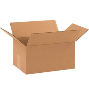 An open MH-USA 10 x 7 x 5 corrugated box with flaps raised reveals its empty interior, part of the MH-USA Corrugated Boxes (25/Bundle) set against a plain white background.