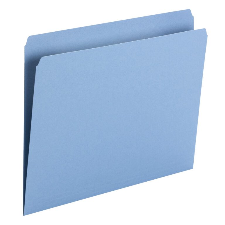 A Smead File Folder in blue, letter-size and with a straight cut, stands upright against a white background. The folder is plain without markings or labels.