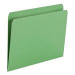 A green Smead File Folder (product 10939) for letter-size documents stands upright on a plain white background, showing its straight-cut design and top tab for easy labeling. Its slightly open, revealing its organization potential.