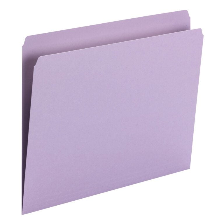 The Smead File Folder, Straight Cut, Letter Size in Lavender (10940) adds an elegant touch to your organization needs with its top-left tab against a white background. Comes in a box of 100.