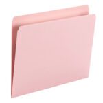 A pink Smead File Folder (10942) stands upright against a white background, slightly open to reveal its document-holding capacity. Ideal for workspace organization, these straight-cut letter-size folders come in packs of 100 per box.