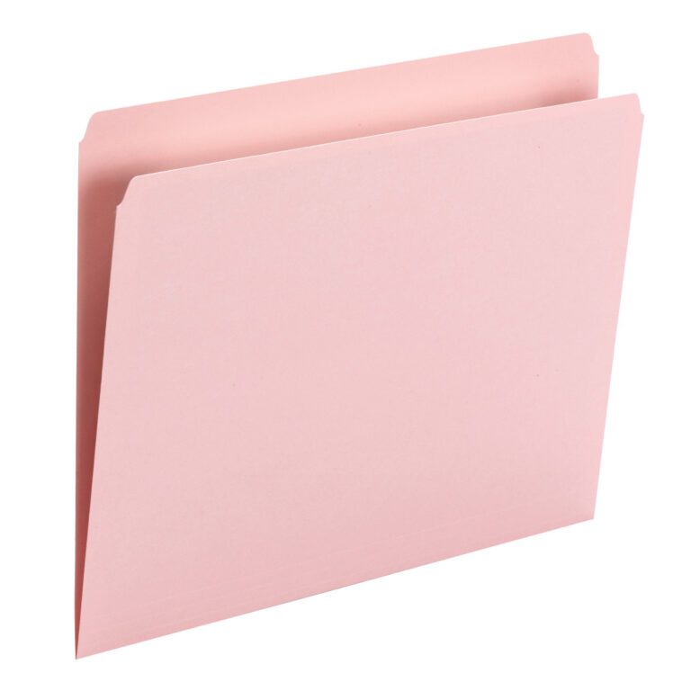A pink Smead File Folder (10942) stands upright against a white background, slightly open to reveal its document-holding capacity. Ideal for workspace organization, these straight-cut letter-size folders come in packs of 100 per box.