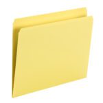 A Smead File Folder, letter-sized and yellow with straight cut tabs, stands upright slightly open against a pristine white background.