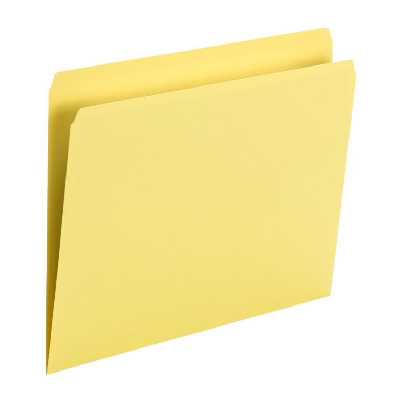 A Smead File Folder, letter-sized and yellow with straight cut tabs, stands upright slightly open against a pristine white background.