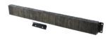 A rugged, dark wood strip with uneven edges lies diagonally on a white background, accompanied by a black metal bracket with holes, echoing the durable design of the Vestil Laminated Dock Bumper 10 X 96 X 4.5 In.