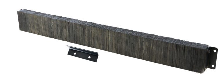 A rugged, dark wood strip with uneven edges lies diagonally on a white background, accompanied by a black metal bracket with holes, echoing the durable design of the Vestil Laminated Dock Bumper 10 X 96 X 4.5 In.