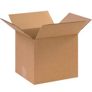 The MH-USA 10 x 9 x 9 Corrugated Boxes (25/Bundle) sit with open flaps, revealing spacious interiors against a white backdrop. Slightly angled to the left, these boxes showcase their durable construction, ideal for packaging needs.