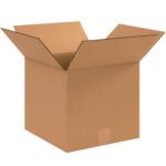 An MH-USA 11 x 11 x 10 corrugated box with open flaps reveals its empty interior. Viewed at an angle against a plain white background, this sturdy brown cardboard box is perfectly crafted for your packaging needs. (25/Bundle).