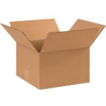 Display the open MH-USA 11 x 11 x 7 corrugated box with outward flaps against a white background. This empty brown box, part of the MH-USA Corrugated Boxes (25/Bundle), is perfect for shipping or storage needs.