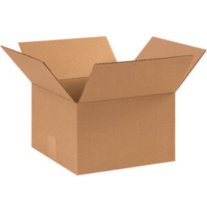 Display the open MH-USA 11 x 11 x 7 corrugated box with outward flaps against a white background. This empty brown box, part of the MH-USA Corrugated Boxes (25/Bundle), is perfect for shipping or storage needs.