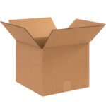 An open MH-USA 11 x 11 x 8 corrugated box with flaps extended outward sits on a white background, unmarked and empty, showcasing its light brown hue and textured finish. Available in convenient bundles of 25 to suit all your packaging needs.