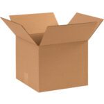 An open MH-USA 11 x 11 x 9 corrugated box with outward flaps sits on a plain white background. The sturdy brown box is perfect for storage or shipping, and its available in bundles of 25.