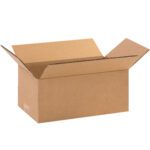 A brown MH-USA 11 x 6 x 4 Corrugated Box (25/Bundle) rests open, showing its empty interior against a plain white backdrop.