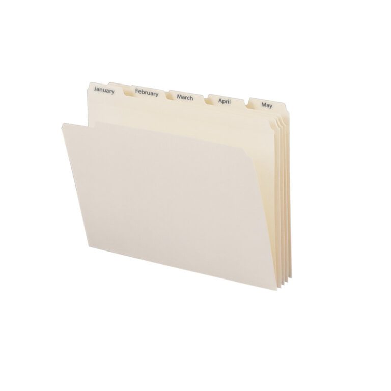 The Smead Indexed File Folder Set, featuring reinforced 1/5-cut tabs and January to December manila folders, is a letter-sized organizer that stands upright against a white background.