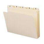 A Smead Indexed File Folder Set in manila features alphabetic A-Z folders with five reinforced 1/5-cut tabs labeled A, B, C, D, and E. Slightly open to display the sequence against a white background for efficient organizing.