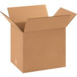 An MH-USA 11 1/4 x 8 3/4 x 10 corrugated box, standard brown, with partially unfolded flaps reveals its empty interior on a white background. Perfect for shipping and storage, its available in bundles of 25 for convenience.