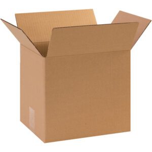 An open, empty MH-USA 11 1/4 x 8 3/4 x 11 corrugated box is shown against a white background with upright flaps revealing the inside. Made of brown paper, these versatile packaging options are available in bundles of 25.