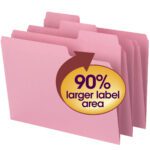 Three dark pink Smead SuperTab® File Folders with oversized 1/3-cut tabs are stacked, featuring a circular label reading 90% larger label area.