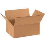 An empty MH-USA 11 x 8 x 4 flat corrugated box with outward-folded flaps is displayed against a plain white background.