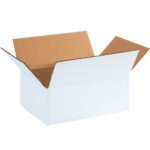On a plain white background, an open MH-USA 11 3/4 x 8 3/4 x 4 3/4 White Corrugated Box with brown flaps is displayed slightly angled, showing its empty interior and exterior surfaces clearly.