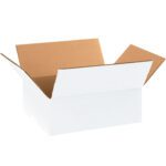An empty MH-USA 11 1/4 x 8 3/4 x 4 white corrugated box with brown interior flaps spread outward is displayed against a plain white background.