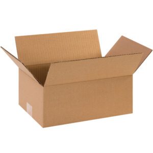 The open MH-USA 11 x 8 x 5 Corrugated Box from a 25-pack bundle stands with its flaps folded outward against a white background, appearing empty. It is angled to highlight its sturdy construction and versatile usage.