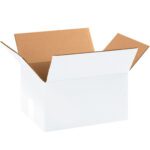 An open MH-USA 11 1/4 x 8 3/4 x 6 white corrugated box with partially raised flaps is on a plain white background.