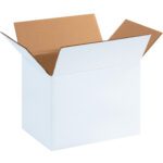 The image features an MH-USA 11 3/4 x 8 3/4 x 8 3/4 white corrugated box, opened to reveal brown inner flaps, set against a white backdrop.