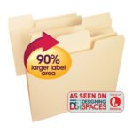 The Smead SuperTab™ File Folder features two manila folders with a red arrow and 90% larger label area text. A rectangle with As Seen On Designing Spaces and a Lifetime logo is at the bottom right. It comes in packs of 24 (11920).
