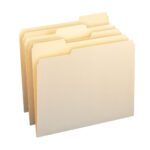 Four beige Smead file folders (11928), made of durable Manila, are upright and fanned out with tabs for labeling. Designed for letter-size documents, they appear empty against a white background. Sold in packs of 24, each folder has an assorted tab position for easy organization.