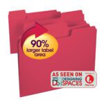 Three Smead SuperTab File Folders in red, featuring a 90% larger label area, are highlighted with As Seen On Designing Spaces and Airing on Lifetime, alongside channel logos. Each folder boasts an oversized 1/3-cut tab for optimal organization.