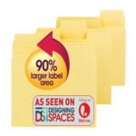 Three yellow Smead SuperTab® File Folders (11984) with oversized 1/3-cut tabs are showcased. A circular graphic highlights the 90% larger label area, and a rectangular label features As seen on Designing Spaces with the shows logo and Airing on Lifetime text.