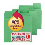 The Smead SuperTab File Folders in green have an oversized 1/3-cut tab with a label area that’s 90% larger, highlighted by a red arrow. As Seen On Designing Spaces sticker and Lifetime logo included. Available in letter size, 100 per box (11985).