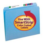 The blue Smead File Folder (12010) is letter-sized and has a large yellow circle logo with Use With SmartStrip Color Coded Labels featuring a top tab displaying colored numbers and a white label for name and address.
