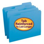 Displayed are four letter-size blue Smead file folders with staggered tabs, featuring an orange oval label stating Reinforced 1/3-Cut Tab to Last Longer, ensuring durability and easy organization.